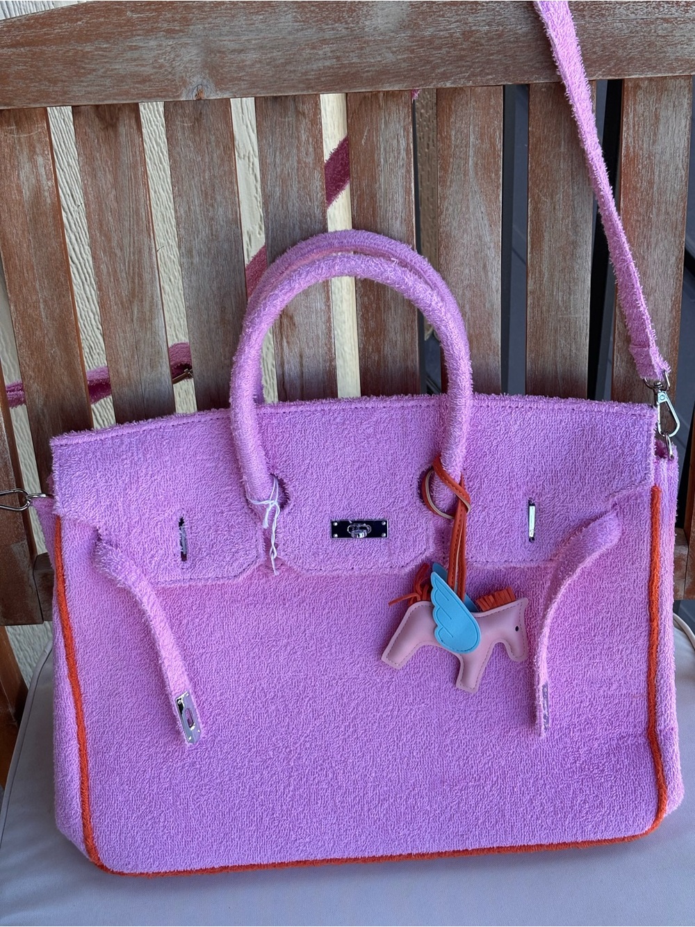 Pink Textured Top-Handle Tote Bag with Unicorn Charm. New - Picture 7 of 15